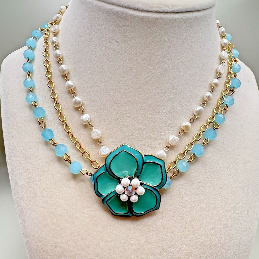 Lauren G Adams Flower Necklace 18k Gold Plated Pearls Multi Chain Choker 16"